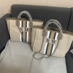 Bolso de mano de lona con monograma de cadena personalizado para mujer, bolso de hombro, bolsos personalizados para damas de honor con cadena, regalos para ella