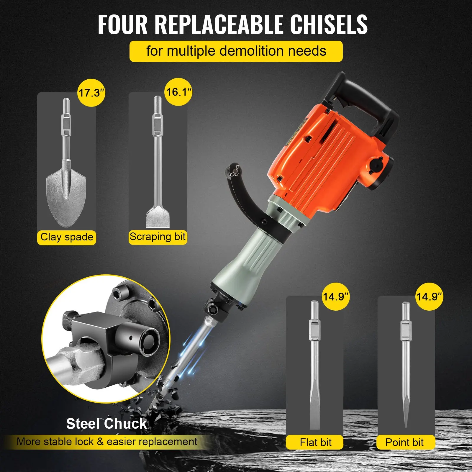 2200W Electric Demolition Jack Hammer 4 Bits Clay Spade Chisel & Scraping Chisel & Flat Chisel & Pointed Chisel 1400 RPM