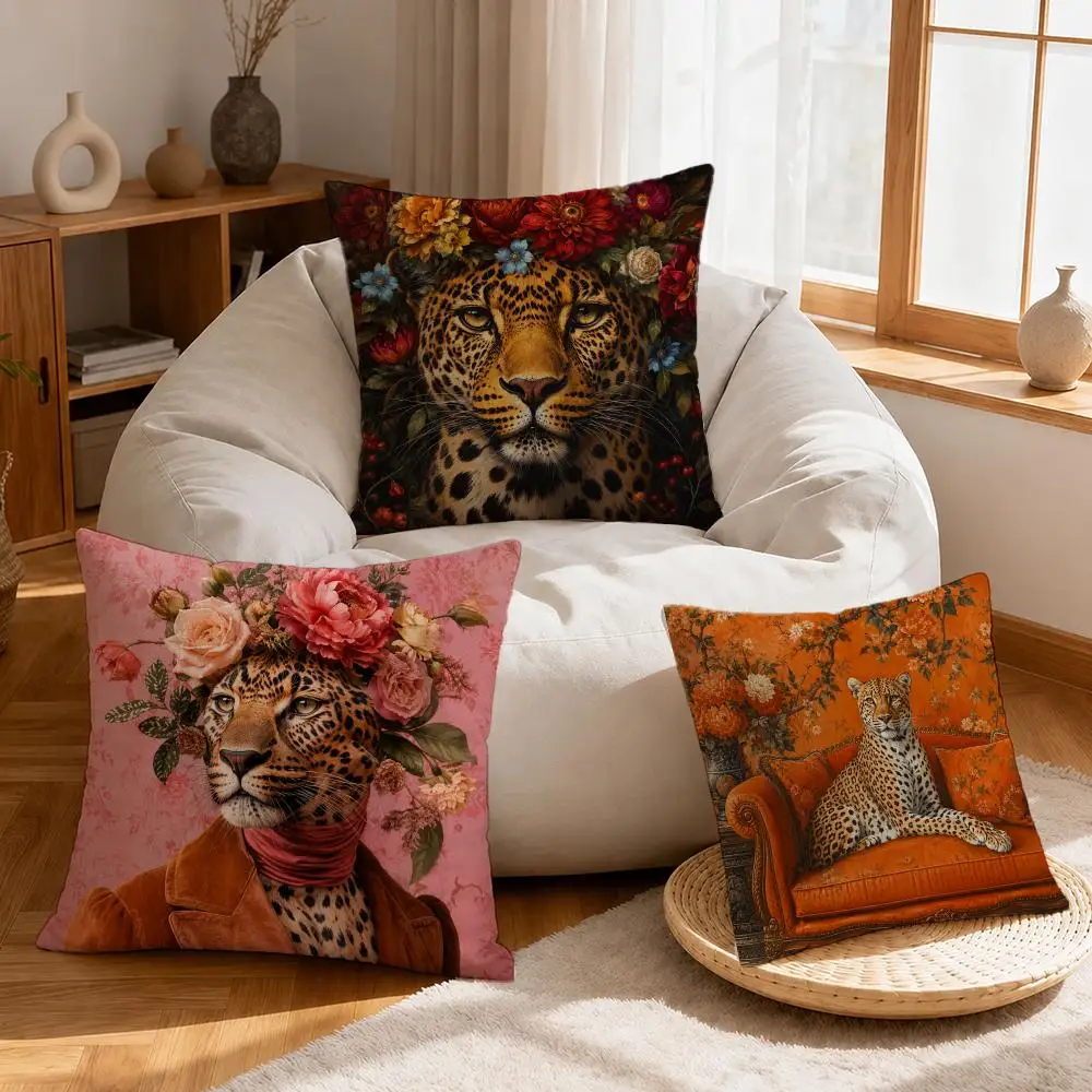 Art Elegant Cheetah in Orange Chinoiserie Cushion Cover Linen Anti-Mite Antibacterial Cushion Cover Invisible Zipper Sofa Decor