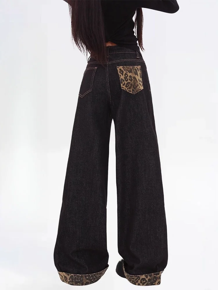 plus Size American Retro Black Leopard Print Wide Leg Jeans Women Loose High Waist Straight Loose Floor Length Cuffed Pants