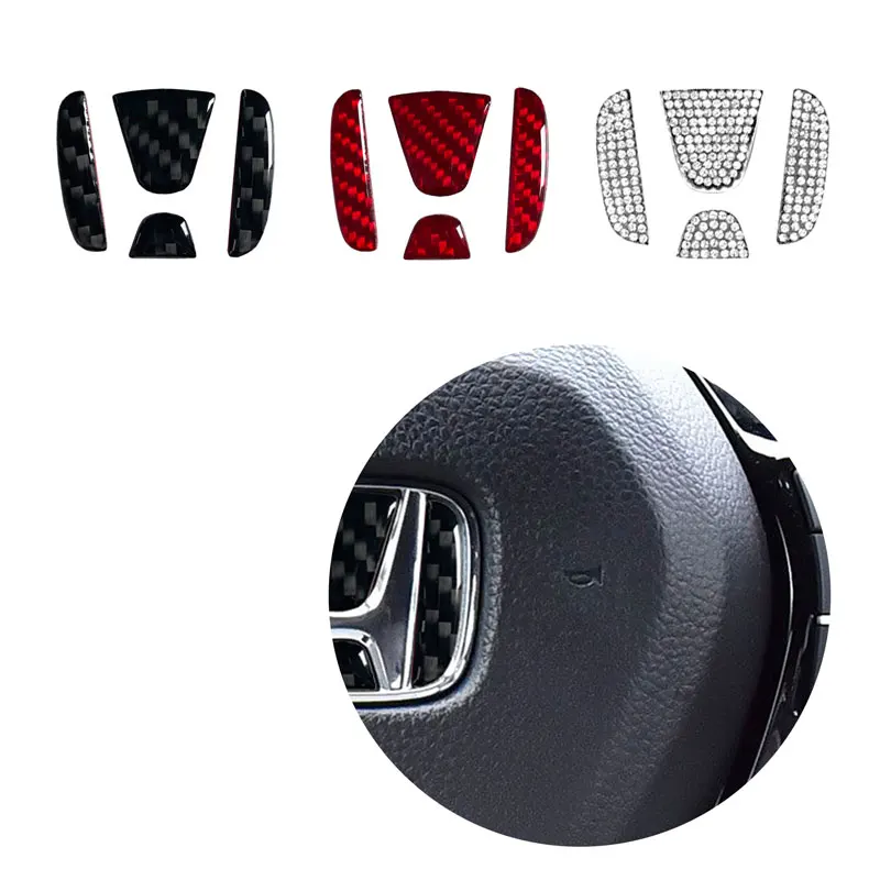 Car Decor Steering Wheel Emblem Diamond/Carbon Fiber Sticker For Honda City Civic Inspire Accord FIT HRV CRV Odyssey Accessories