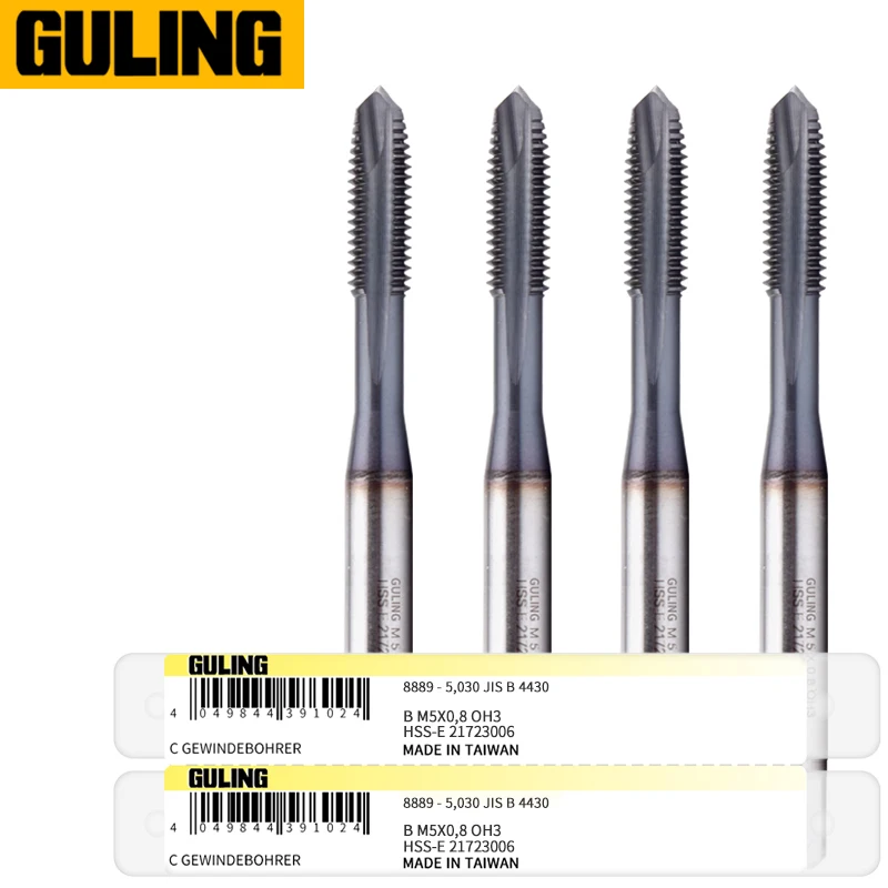 TAIWAN Original GULING JIS Standard Spiral Fluted Tap/Spiral Pointed Tap Machine Thread Taps for M3-M18 Sizes Precision Tools