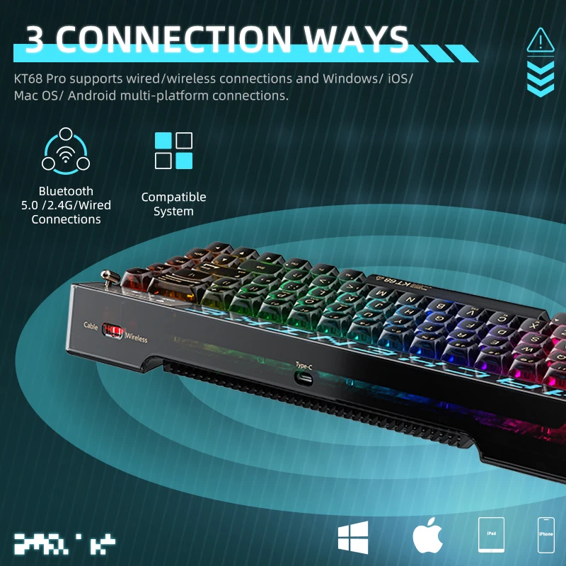 Imagem -05 - Machenike Kt68 Pro Tela Inteligente Teclado Mecânico 65 Chave Completa Hot-swap Rgb Backlit Gateron Keyswitch para Gamer