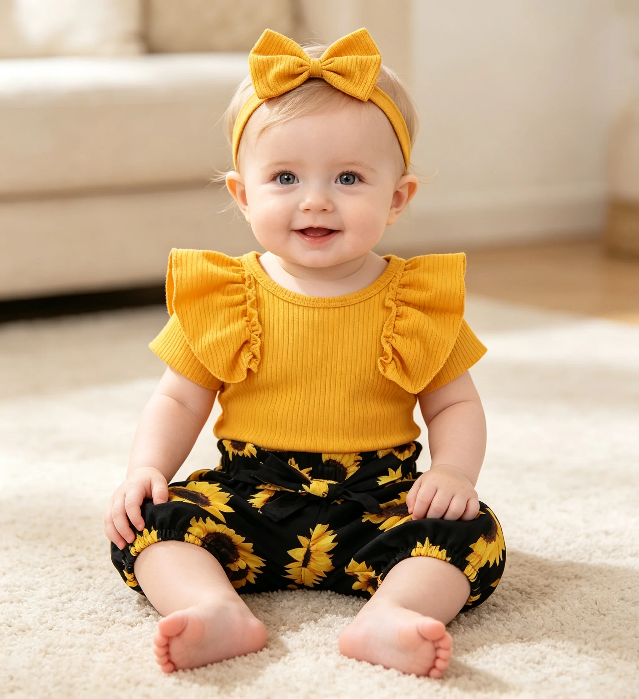 Baby Girl 3pcs Clothes Set Ruffled Romper + Sunflower Print Shorts + Bow Headband Set For Infant Girls
