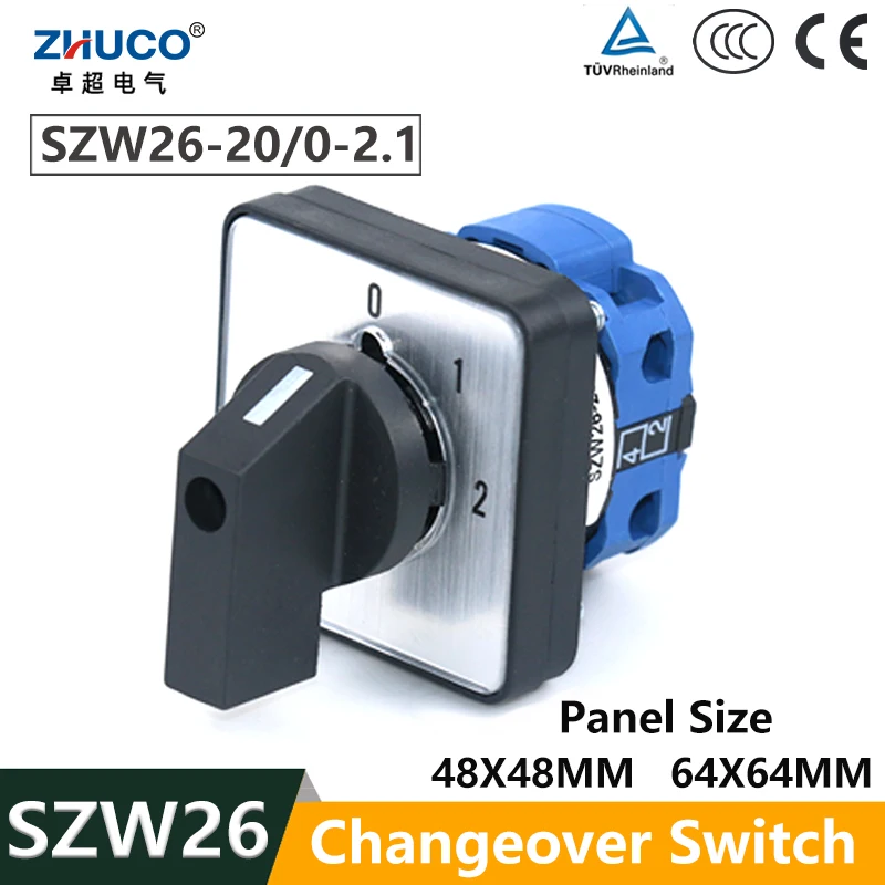 

ZHUCO SZW26/LW26-20 0-1-2 One Pole Four Terminals 64X64 48X48 Mm Panel 20A 660V Selector Rotary Cam Universal Changeover Switch