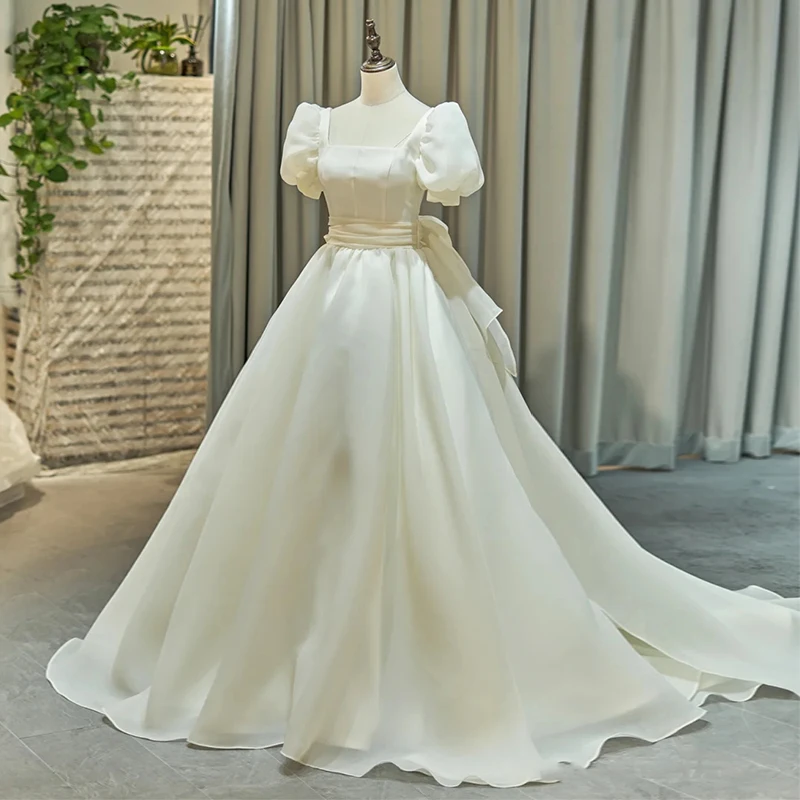 Korea Stijl Vierkante Hals A-lijn Puffy Mouwen Organza Backless Met Bow Kapel Train Lace-Up Trouwjurk Jurk Bridal jurk