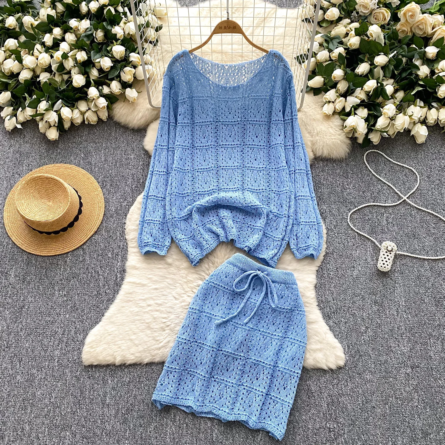 

Women Two Piece Sets Skirt Set Round Neck Full Sleeve Hollow Out Tops Short Skirts A Line High Waist Y2k Streetwear Elegant