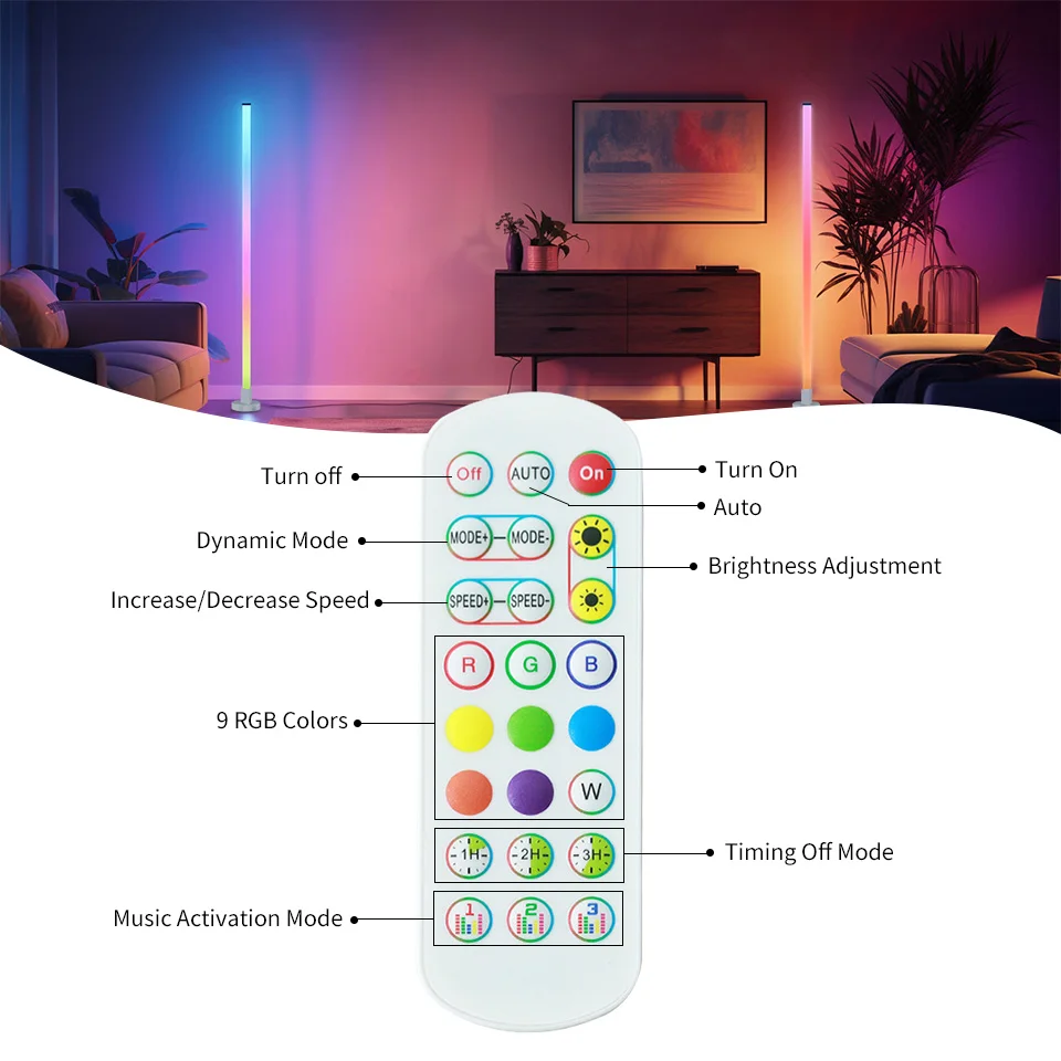 RGB LED مصباح أرضي عن بعد والتحكم في التطبيق مزامنة الموسيقى إضاءة الزاوية إضاءة المزاج الحديثة لغرفة النوم وغرفة المعيشة ديكور الألعاب