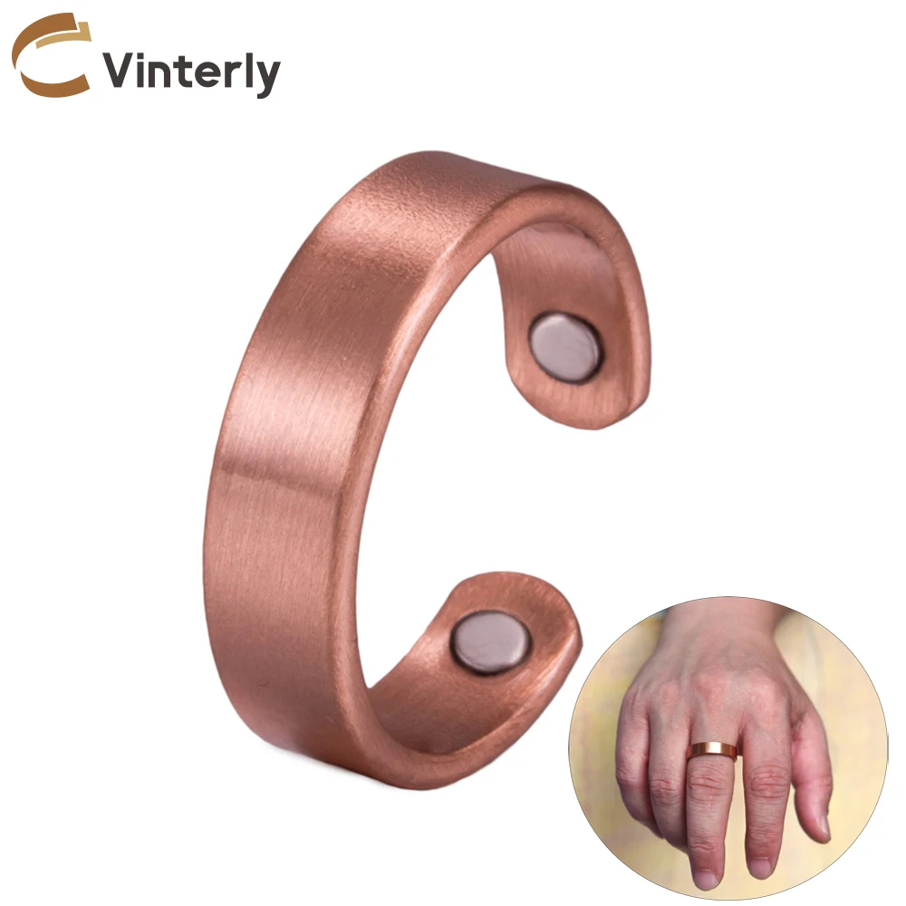 Vinterly Pure Copper Magnetic Rings Matte 6mm Wide Health Energy Finger Open Cuff Adjustable Jewelry High Magnet Resizable