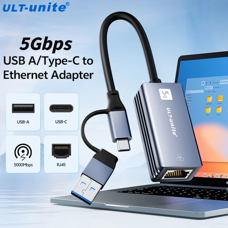 5Gbps USB to Ethernet Adapter, 5000Mbps USB-C to RJ45 Network Converter, 2-in-1 Type C 5Gbps Ethernet Card for Windows, Mac OS