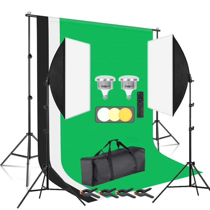 

Photography Lighting Kit 50*70cm Softbox LED Bulb Light Studio Backgrounds Backdrop Stand Photo Shoot Equipment