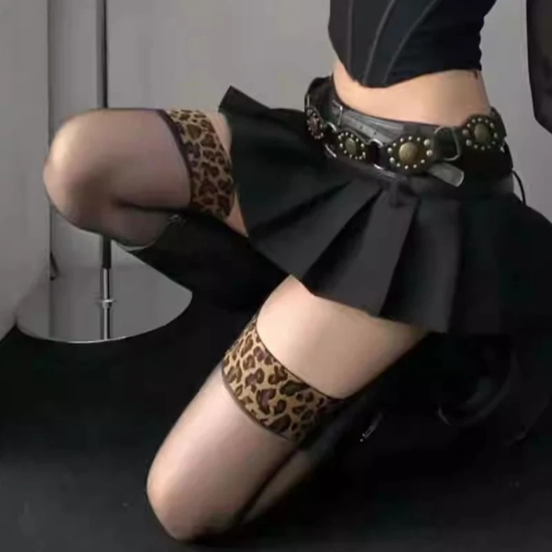 Sexy Patchwork Leopard Print Knee High Socks Tube Stocking Women Thigh Socks Black Underwear Leg Hosiery Nightparty Tights