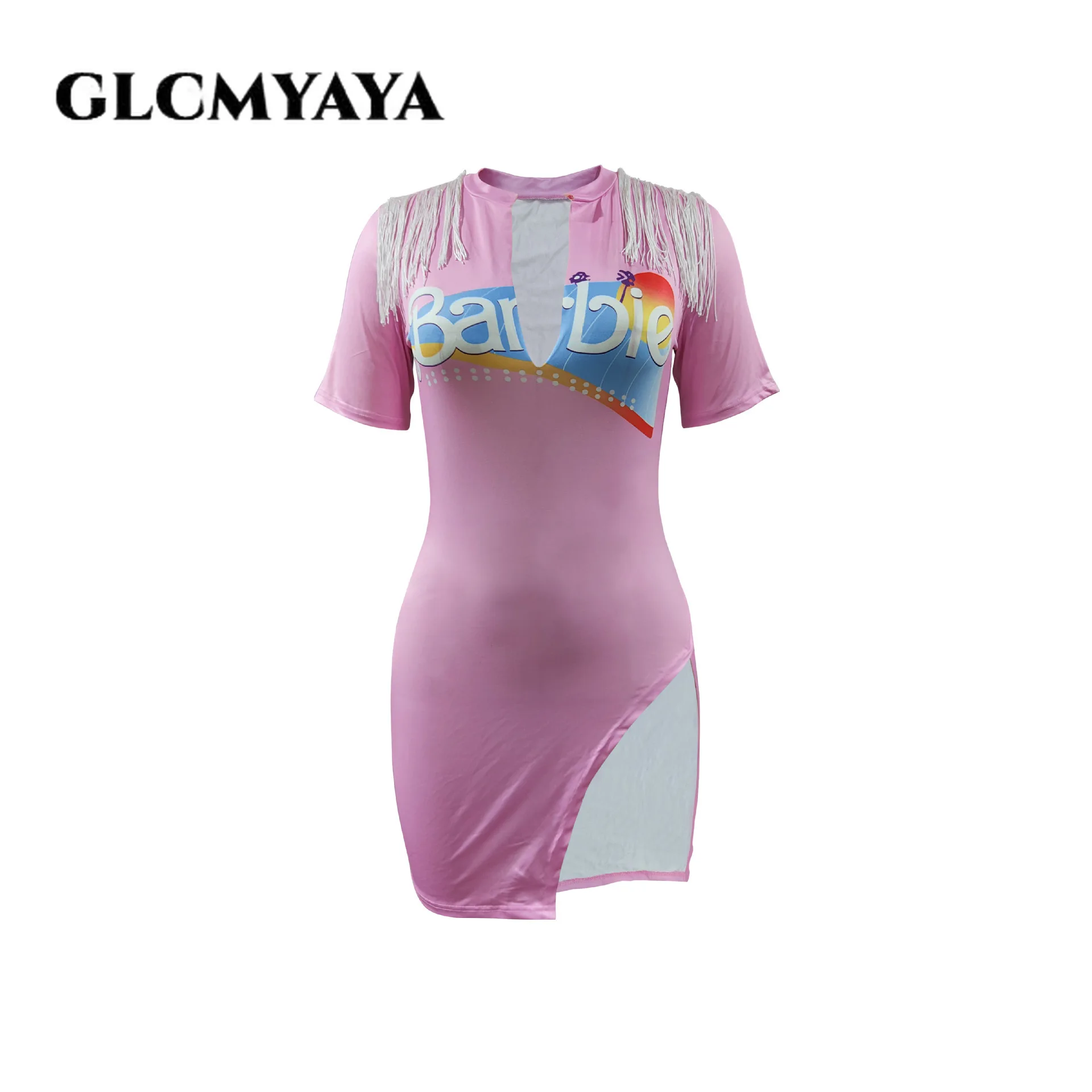 GLCMYAYA Women Tassel Shoulder Short Sleeve V-neck High Side Split Letter 3D Printed T-shirt Style Casual Dress street skirts