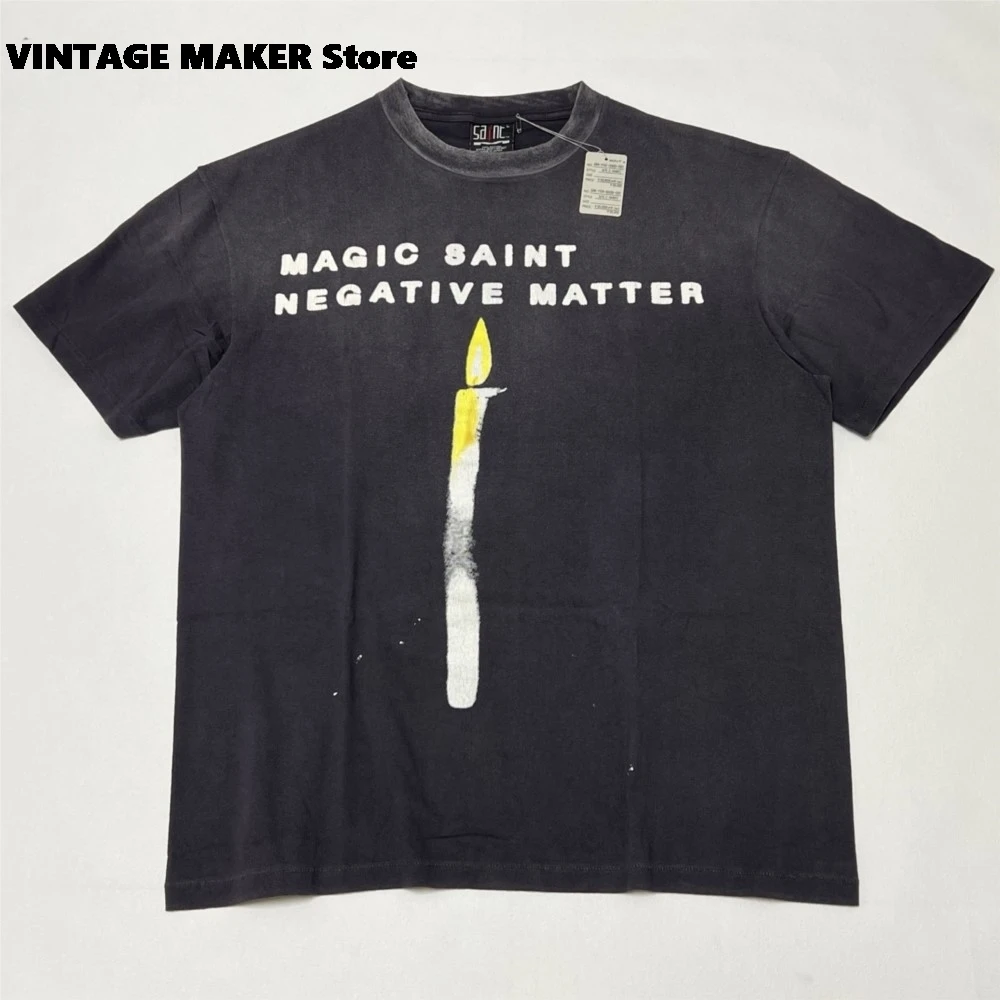 

Top quality Saint Candle Printed Faded Black T-Shirt Men Women Vintage Washed Oversize Summer Tee