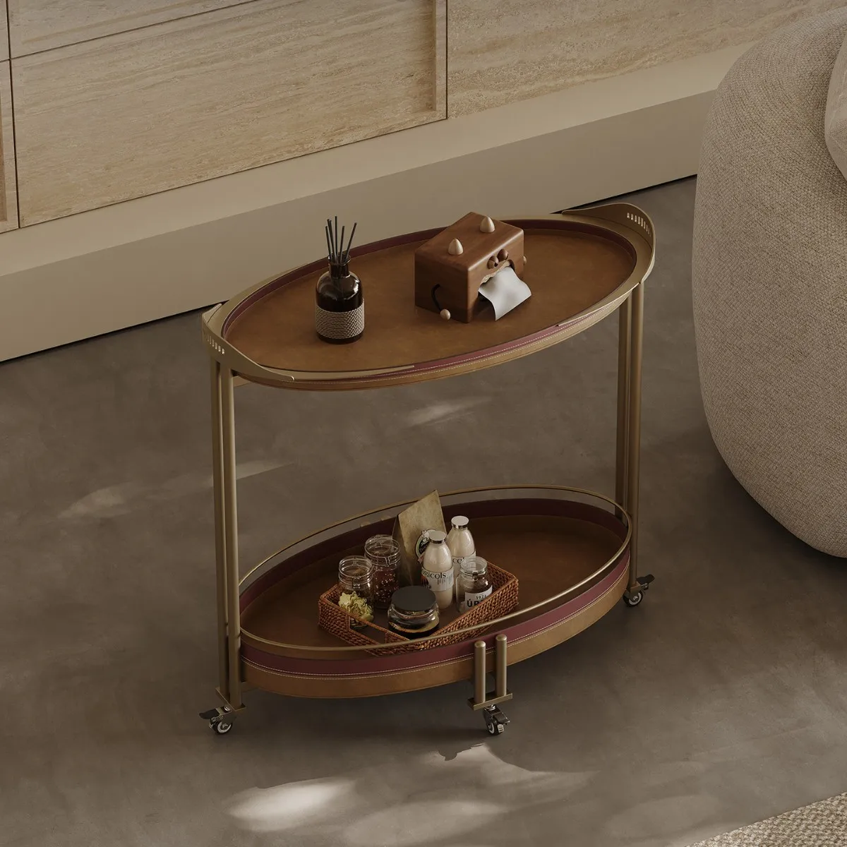 Italian Minimalist Movable Sofa Side Table Wood Stainless Steel Multifunctional Storage Light  High-End Feel Artistic