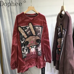 2024 New Autumn Winter Mid-long Women Sweatshirt Cute Bunny Sequin All-match Loose O-neck Pullover Top Casual Long Sleeve Hoodie