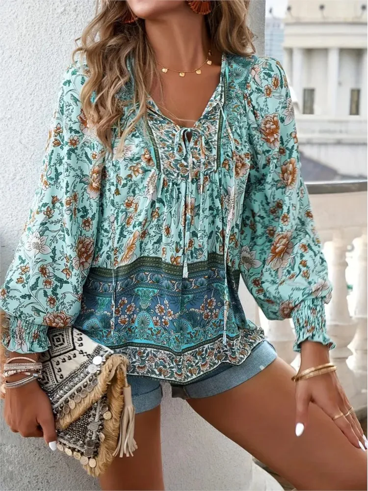 

Eleganrt And Fashion Shirts Women's Tassel Lace Up V-neck And Short Sleeve Casual Vintage Floral Print Lady Pullover Tops Summer