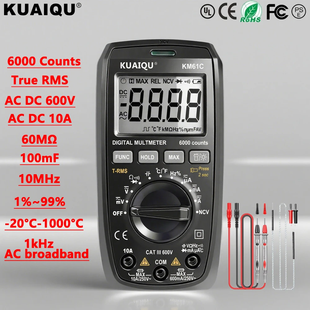 

KUAIQU KM61C KM61B 6000 Counts Digital Multimeter AC/DC Current Voltage Resistance Capacitor Hz Duty-Cycle Multimetro Tester