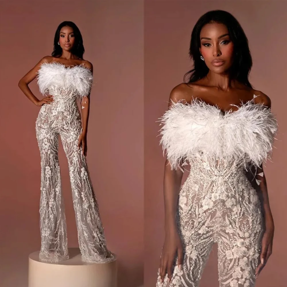 SILIWEYA Sexy Lace Pearls Jumpsuit Mermaid Formal Evening Dresses Women Elegant Feather Boat Neck Slim Fit Luxry Dress Prom