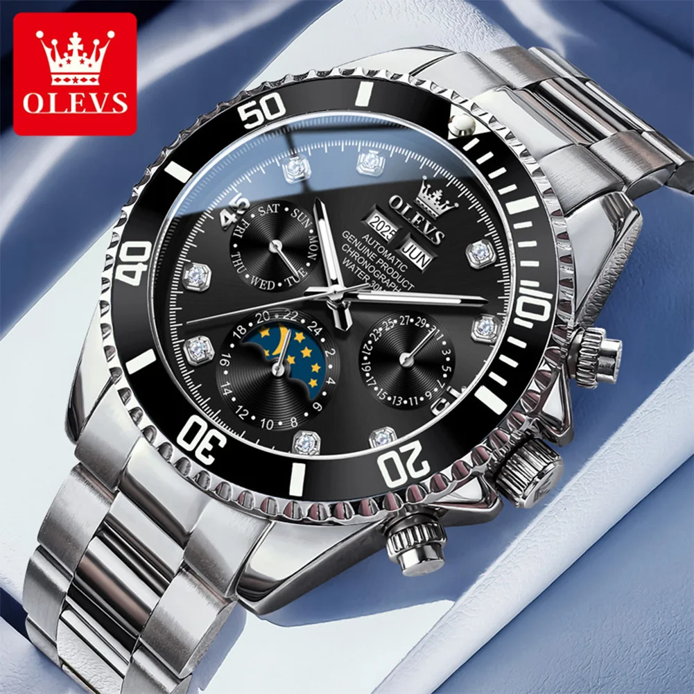 OLEVS 6729 ساعة رجالية فاخرة ماركة أوتوماتيكية ساعة ميكانيكية متعددة الوظائف مرحلة القمر مقاوم للماء ساعة رجالية فستان رياضي