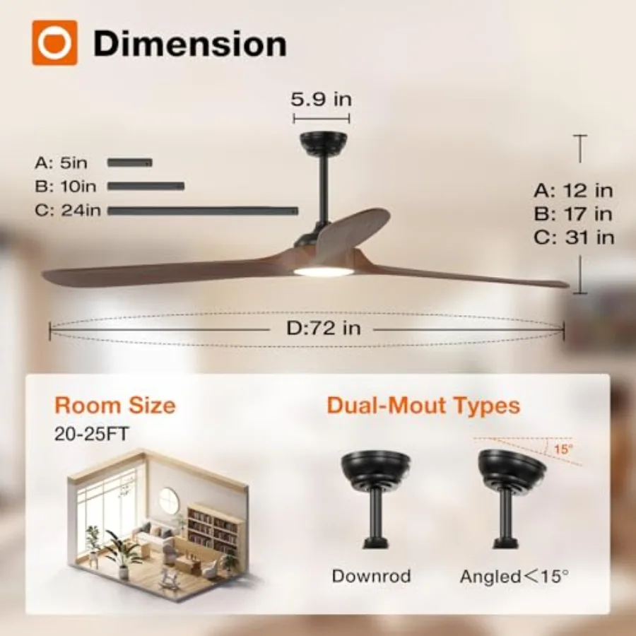 Ceiling Fans with Lights 72 inch Indoor Outdoor Ceiling Fan with Remote Control Reversible 3 Wood Blades 6 Speeds 3CCT Dimmable