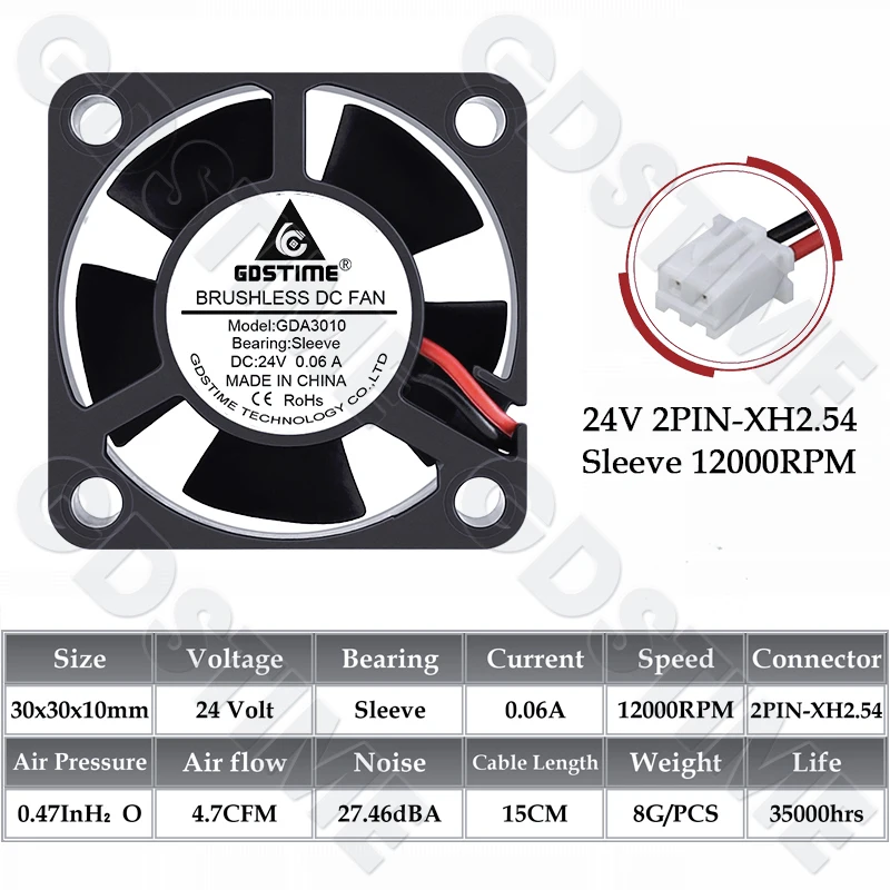 GDSTIME 3010 Lüfter 24V Kugellager Bürstenloser Lüfter 30x10MM 12V 5V Kühllüfter 30MM Mikrolüfter für Autolampe, 3D-Drucker-Kühlung