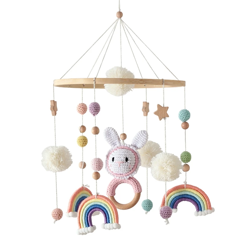 Il campanello da letto arcobaleno per animali Montessori presenta un anello arcobaleno sfumato sognante con campanelli che suonano di piccoli animali appesi