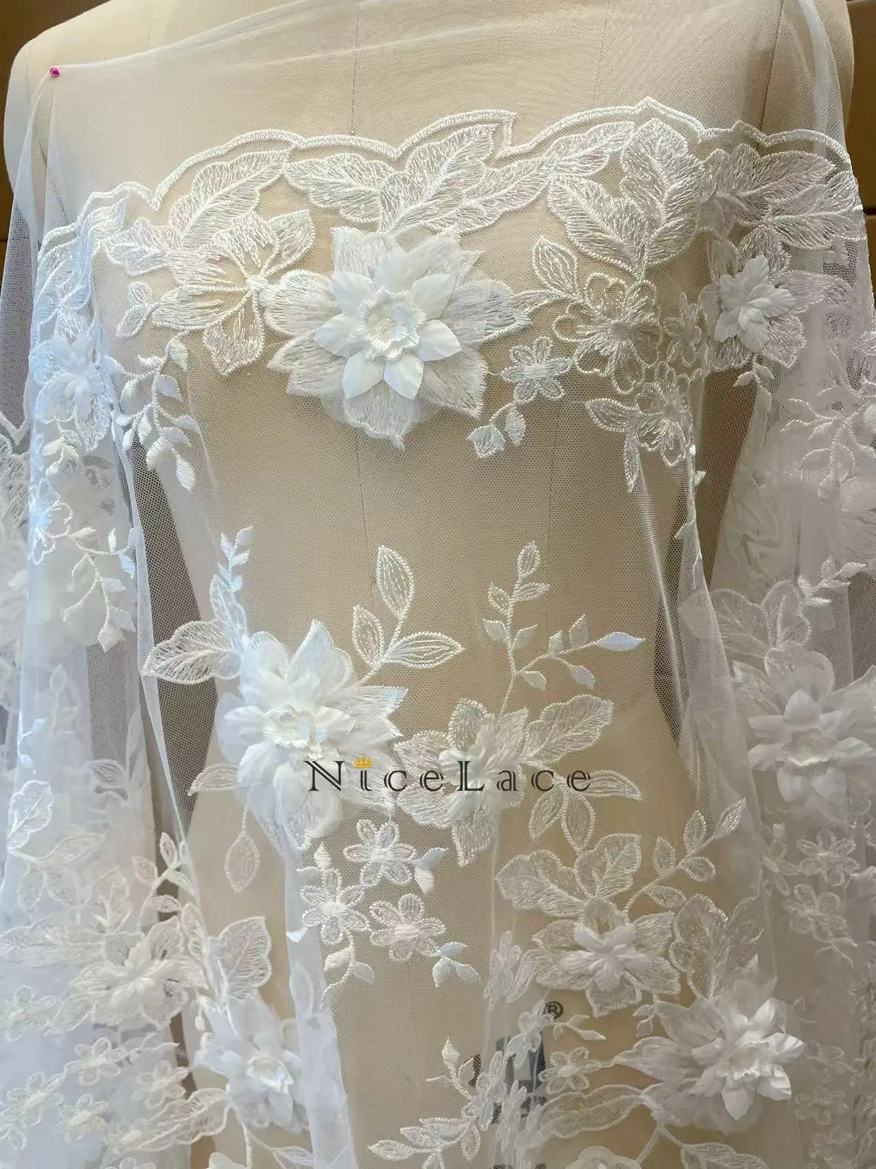 

bridal lace fabric wedding dresses with 3d flowers for party dresses in ivory color, width 130cm