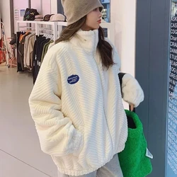 Abrigo de piel sintética de conejo para mujer, Parka gruesa y holgada de longitud media con cuello levantado, ropa cálida de ocio de estilo coreano, invierno, 2023