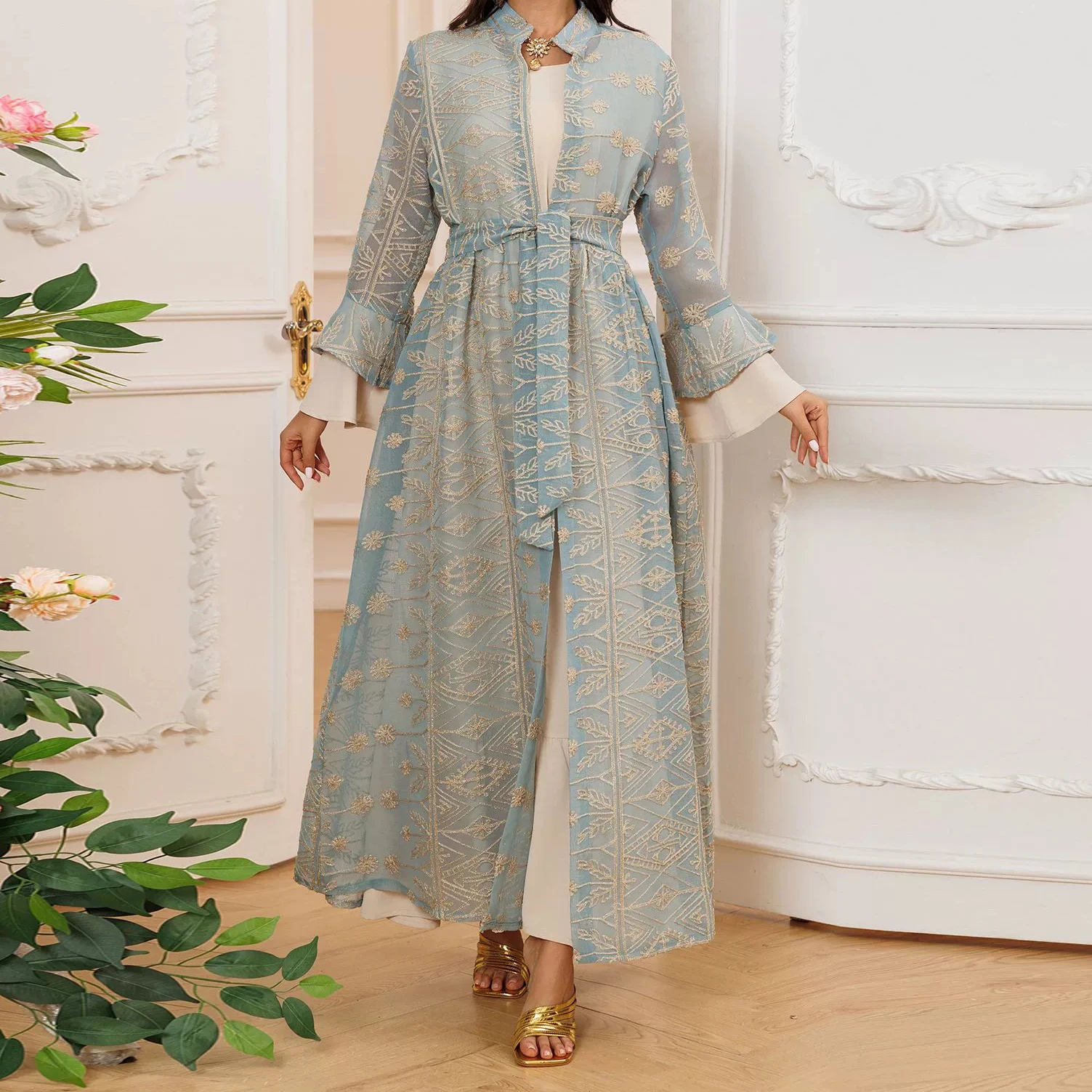 2025 Otoño e Invierno nuevas llegadas Amazon Dubai manga acampanada elegante vestido largo bata bordada cárdigan conjunto de dos piezas-GZXX572