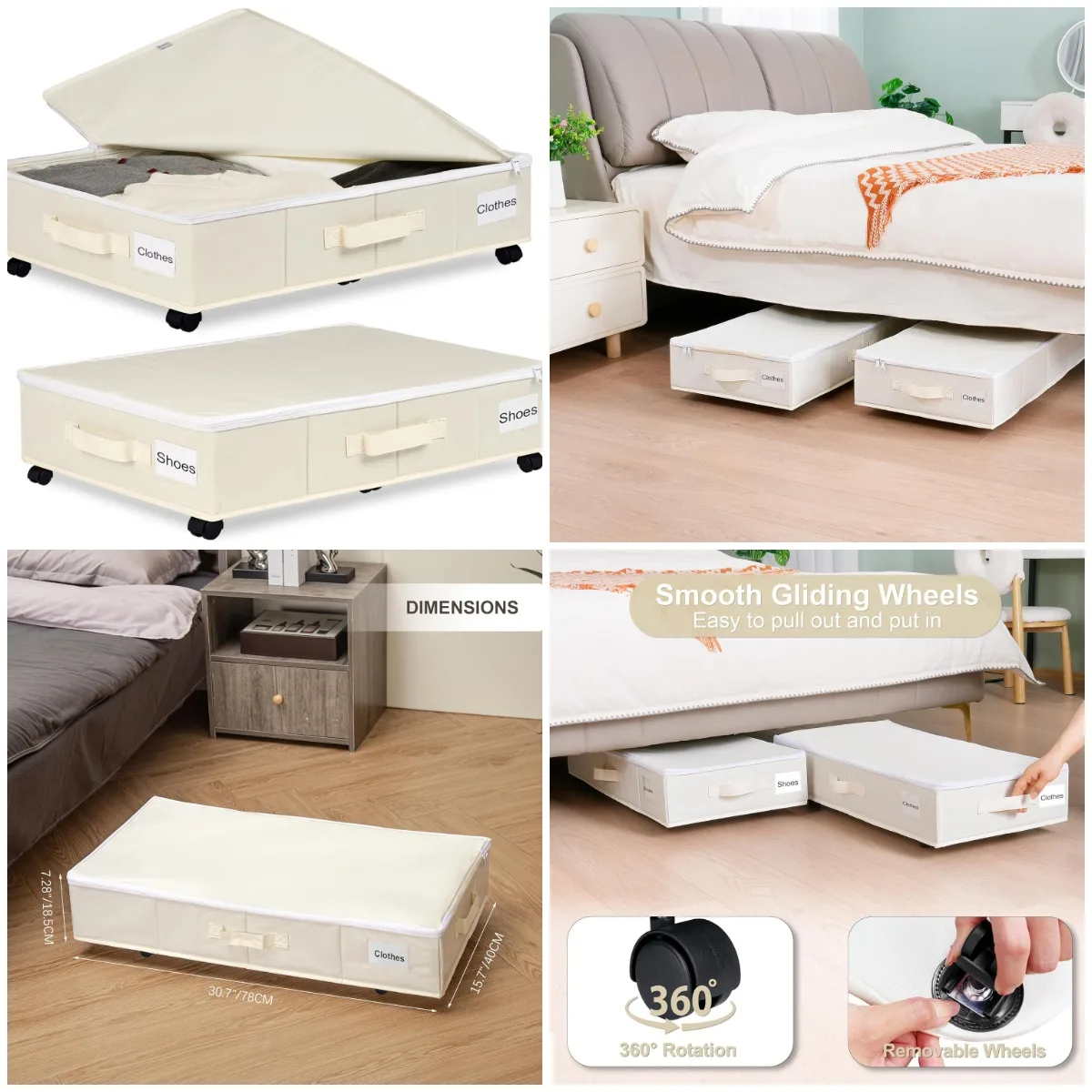 

Хранение под кроватью на колесиках, 2-упаковка органайзеров на колесиках с этикетками, бежевый