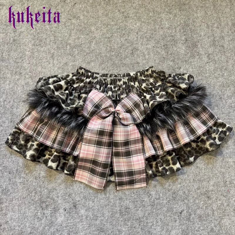 Kukeita Gothic Lolita Style Bow Plaid Skirt Y2k Punk Kawaii Plush Patchwork Fluffy Cake Mini Skirt Japanese Vintage Women Skirts