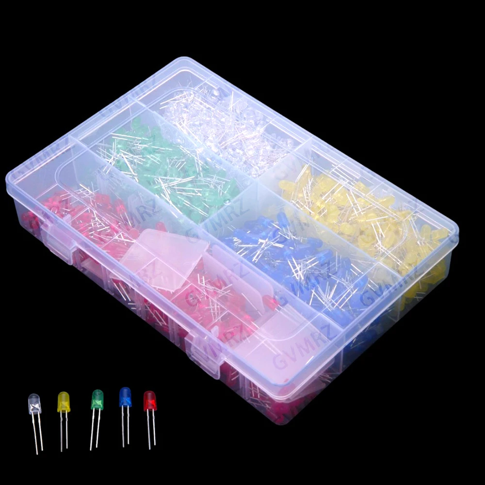 5Values 1000PCS 5mm LED Light Emitting Diode Blue White DIP Each 200PCS Red Green Yellow