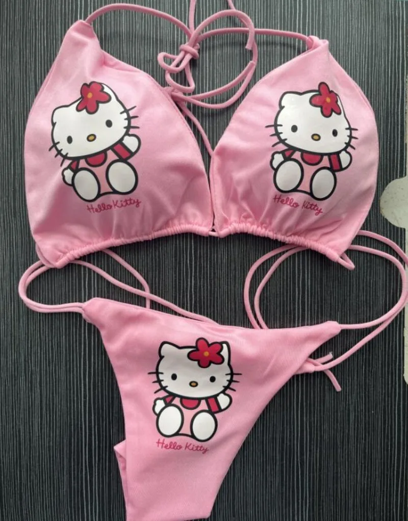 Japońska oryginalna Sanrio Hello Kitty komplet bielizny seksowna różowa bielizna kobieta Plus rozmiar kabriolet pasek strój kąpielowy Bikini na plażę