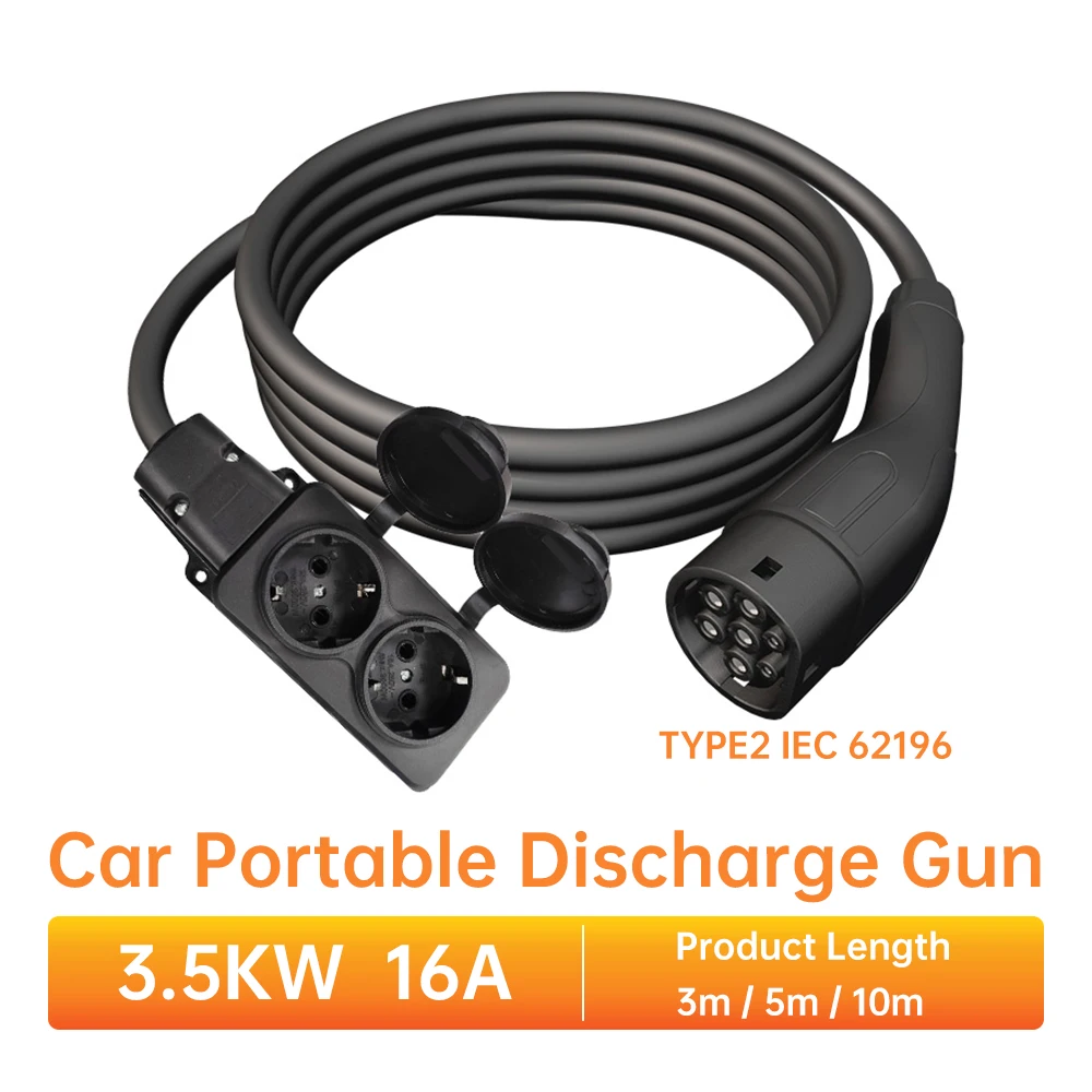 ACODO EV Charger Cable 3/5/10M Discharing Gun Type2 3.5KW 16A 250V EU Socket for Electric Car Side V2L Vehicle to Load Adapter