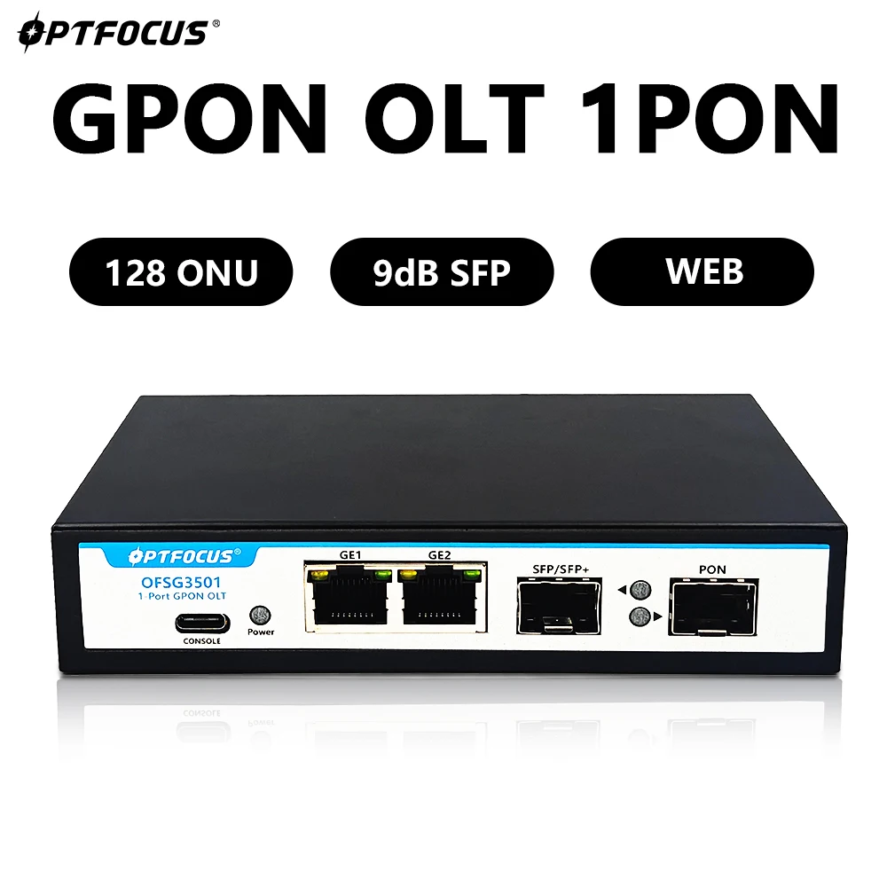 OPTFOCUS Mini GPON OLT 1PON VLAN 10G Uplink 12V 2A DC Power Mendukung 128 ONU POE Power Supply MINI GPON OLT 1 Port