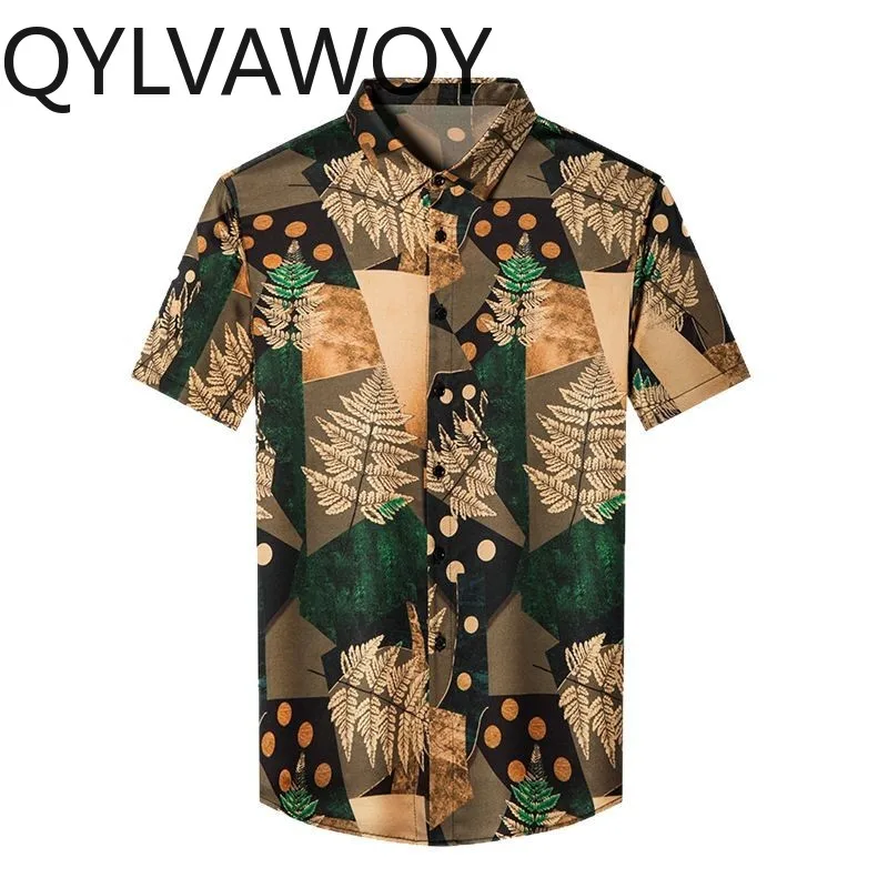 QYLVAWOY Men's Shirts Short Sleeve 92.4% Real Mulberry Silk ShirtsThin Menswear Clothing Stylish Printed Summer Tops Business