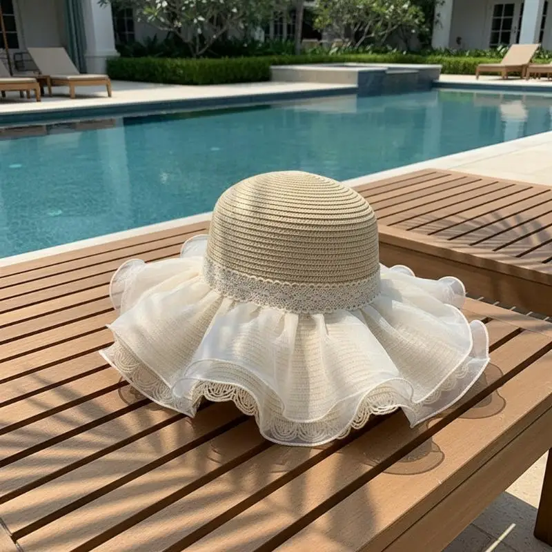 Womens Straw Sun Hat Wide Brim Elegant Lace Bow Summer UV Block for Beach Vacation and Picnic