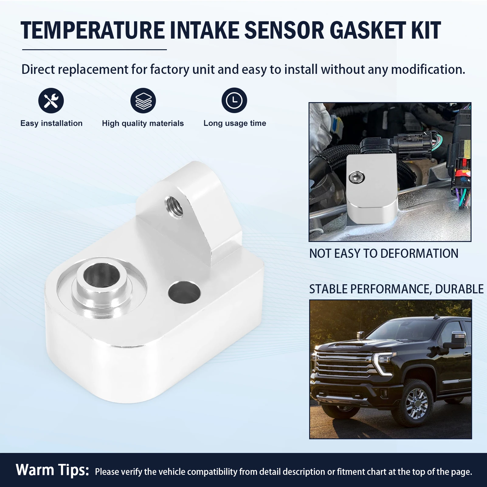 

Temperature Air Intake Sensor Spacer Kit for 2017-2024 Chevy Silverado 2500HD 3500HD GMC Sierra 2500HD 3500HD 6.6L Diesel Silver