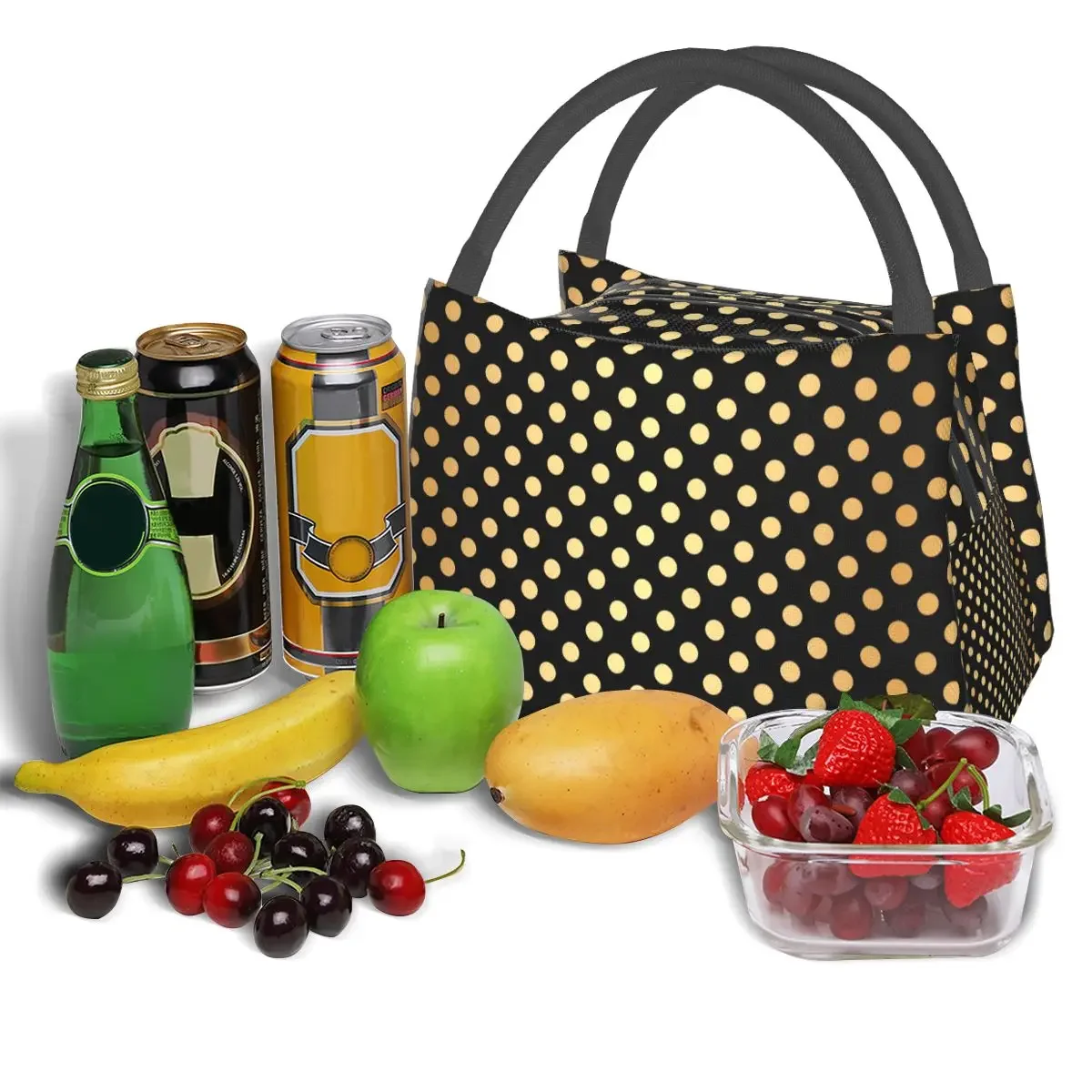 Vintage Polka Dots Lunch Bag Black And Gold Office Lunch Box Child Aesthetic Designer Thermal Tote Handbags Oxford Cooler Bag