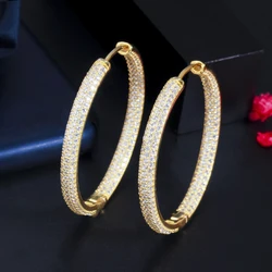 ThreeGraces Sparkling Cubic Zirconia Paved Big Round Circle Gold Color Hoop Earrings for Ladies Evening Party Jewelry Gift ER556