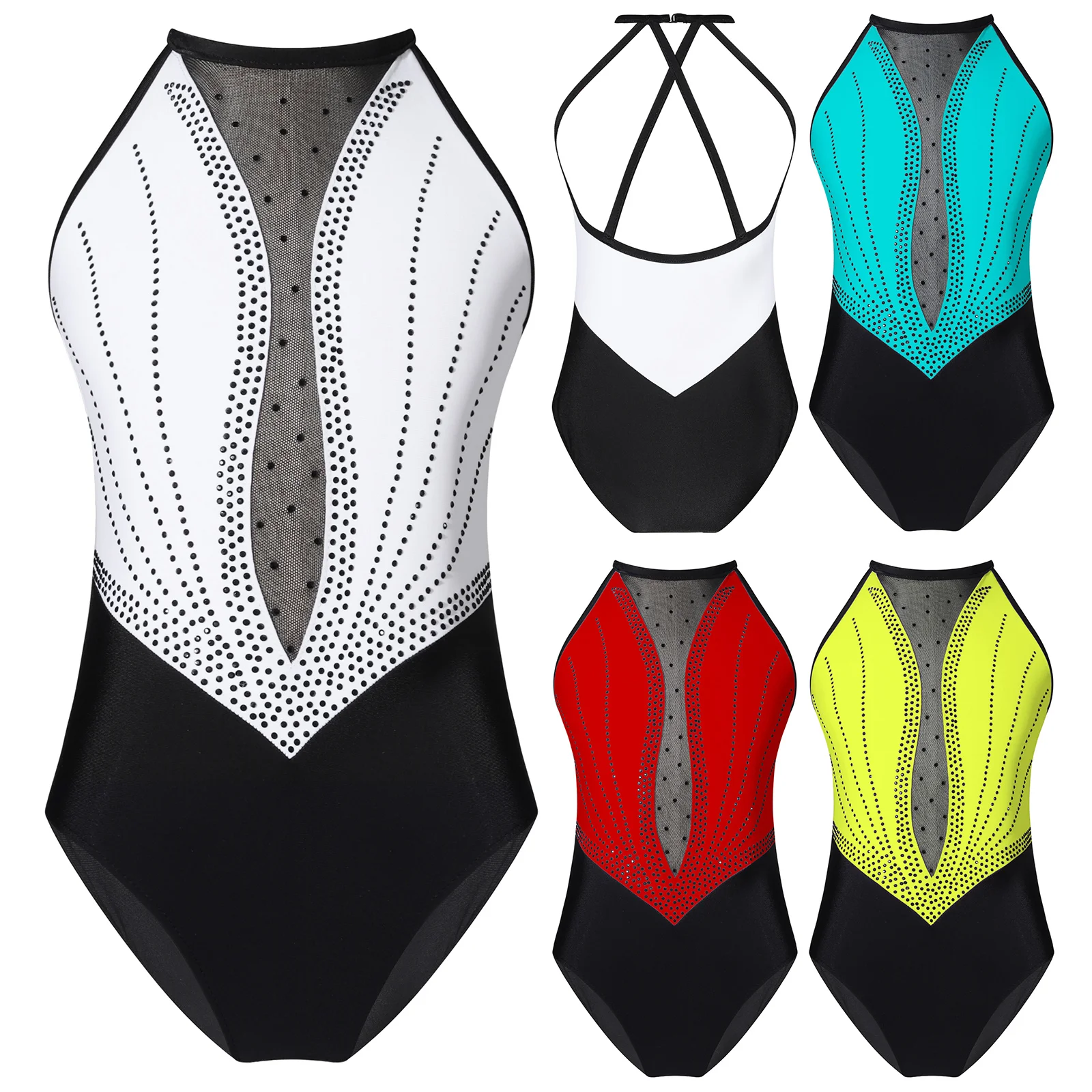 Kids Girls Stylish Ballet Leotards Sleeveless Shiny Rhinestone Mesh Gymnastics Latin Jazz Dancing Leotard Ice-skating Jumpsuits