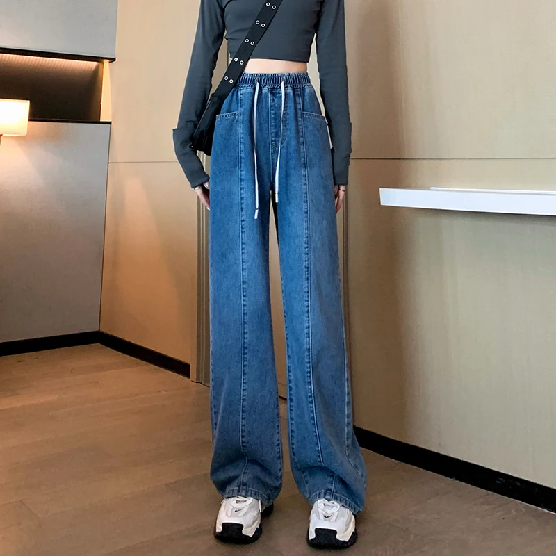 L-6XL حجم كبير الجينز امرأة عالية الخصر ربيع 2025 جديد وصول الأزرق اللون الجينز للنساء واسعة الساق فضفاض السراويل الإناث السراويل #3