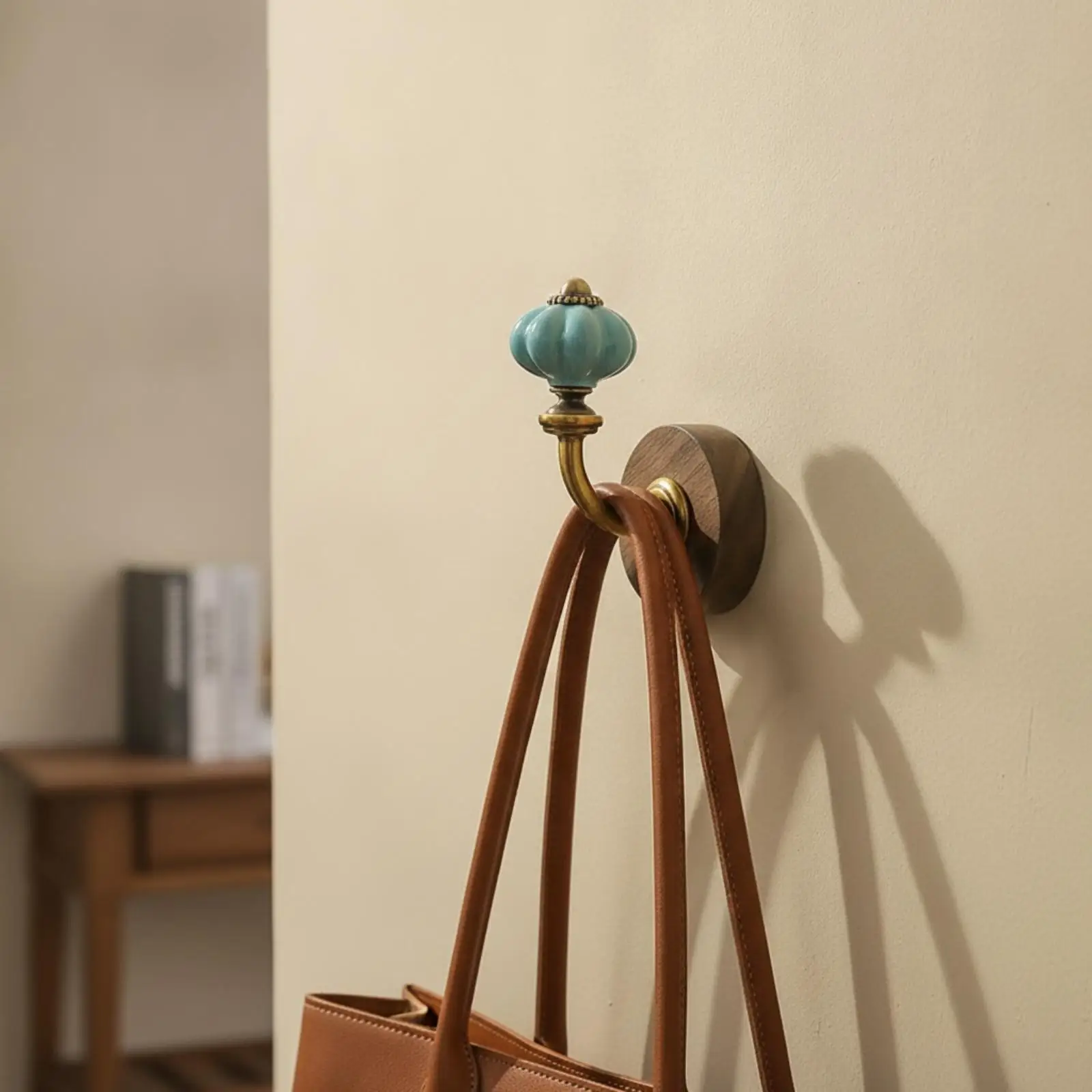 Decorative Wood Wall Hook with Glossy Ceramic Pumpkin Knob and Metal Hook for Entryway Bedroom Storage