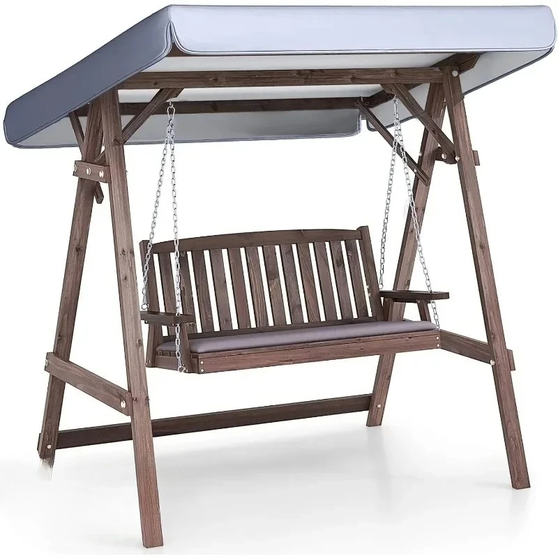 Wooden Porch Swing with Adjustable Canopy, Cushion, Armrests - 2 Person Outdoor Patio Swing with Hanging Chain