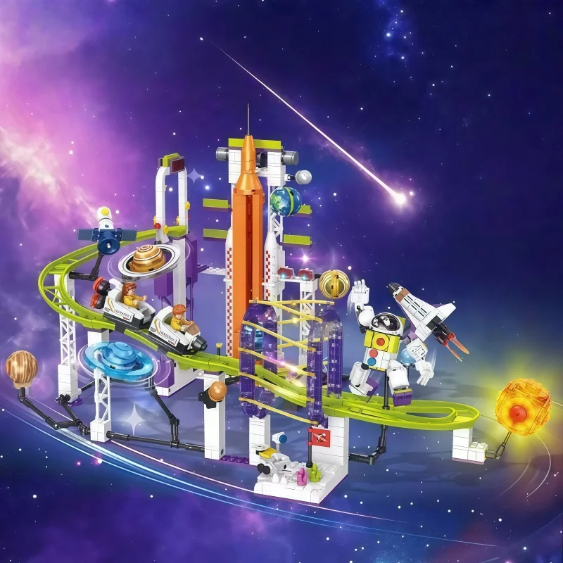 Space-themed roller coaster building blocks, solar system assembly set, ring orbit construction kit, rocket tower assembly block view 4