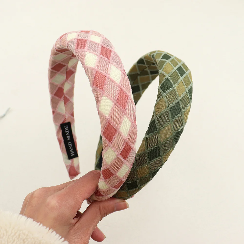 Korean plaid fabric flower headband sweet and cute girlish headband sponge high skull top hairband