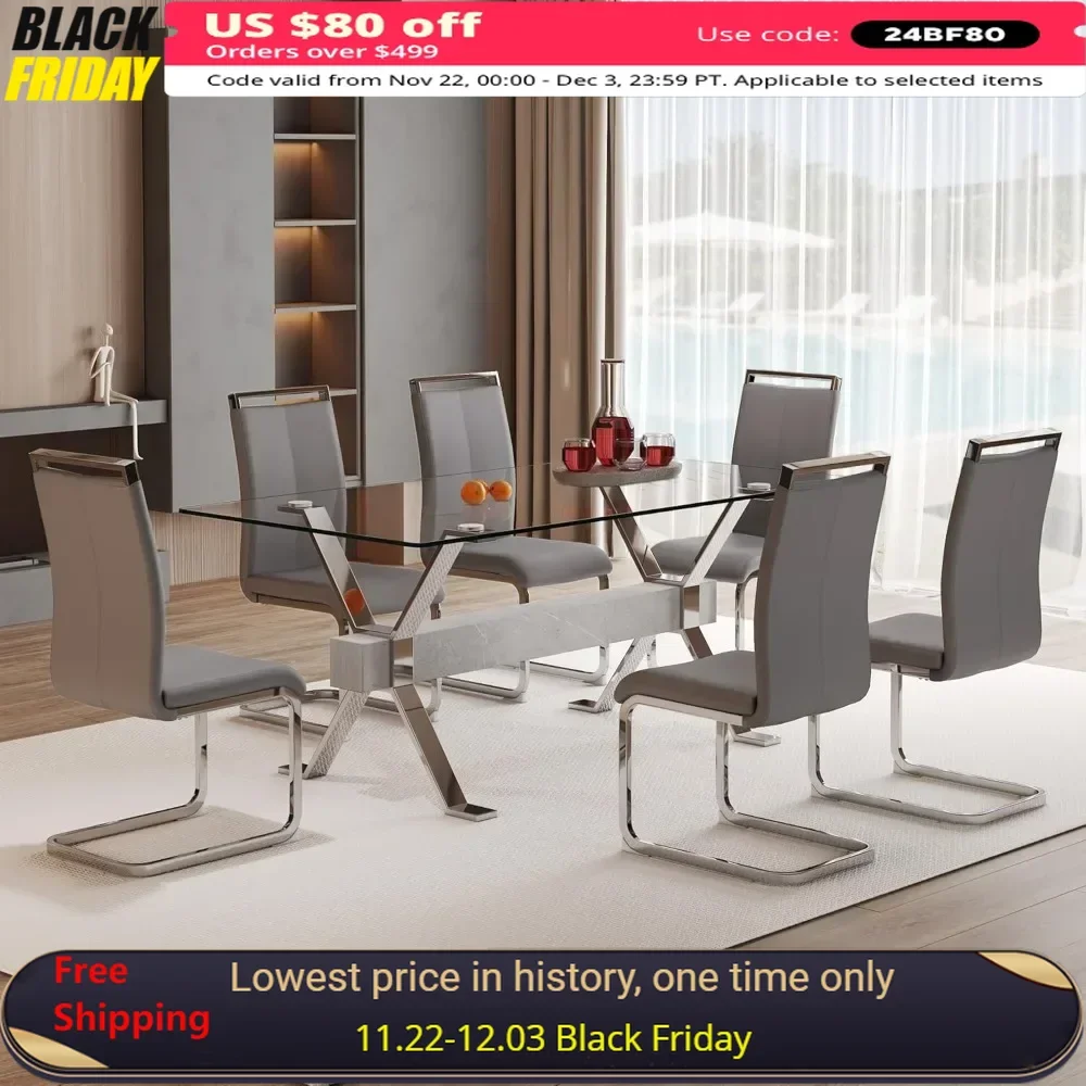 Dining Table and Chairs, Kitchen and  6 Seat Dinings Tables and Chair Set,7 Piece Modern Tempered Glass Dining Table