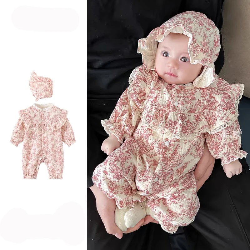 الوليد الطفل بنات بذلة قطعة واحدة الزي الرضع طفل الفتيات رومبير + قبعة قميص قطني بكم طويل الطباعة ربيع الخريف ملابس الطفل