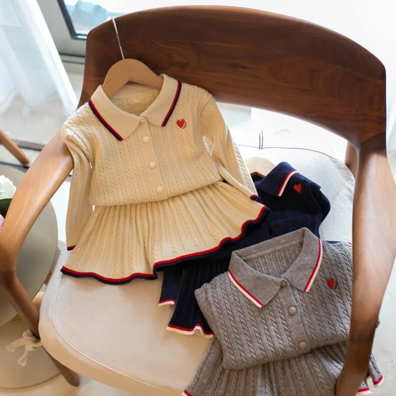 Girl Baby Toddler 2-6 Years Sweatshirt Skirt 2piece Set 26 Autumn Winter Preppy Style Turn-down Collar Cardigan Kid Outfit